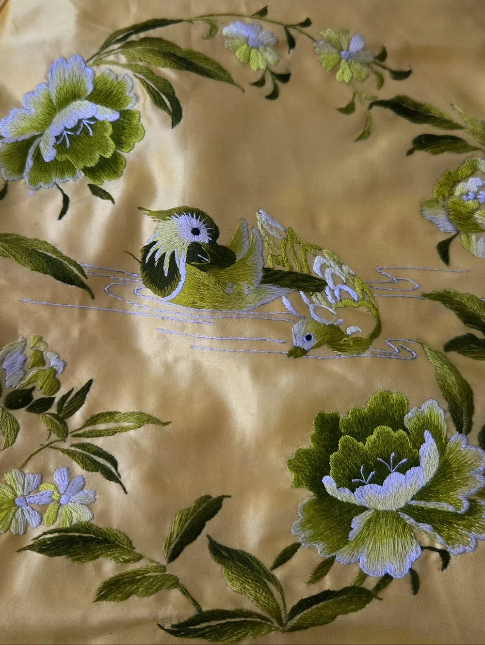 Vtg Silk Embroidered Pillow Covers, Mid Century, Birds, Floral, Like New